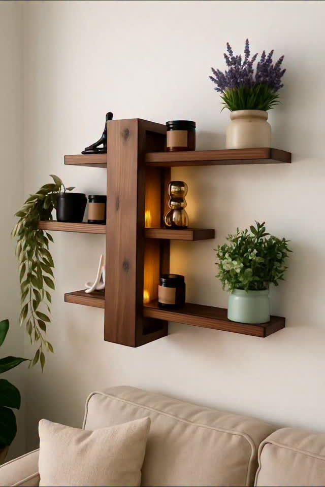 Geometric dark brown wooden wall shelf with plants and candles above a beige sofa