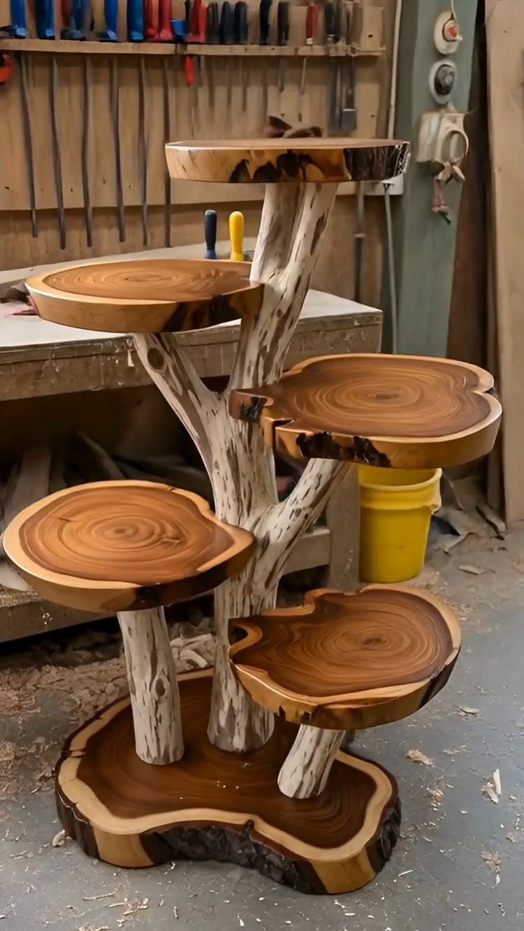 Artistic wooden shelving unit with live-edge slabs and natural driftwood supports in a workshop.