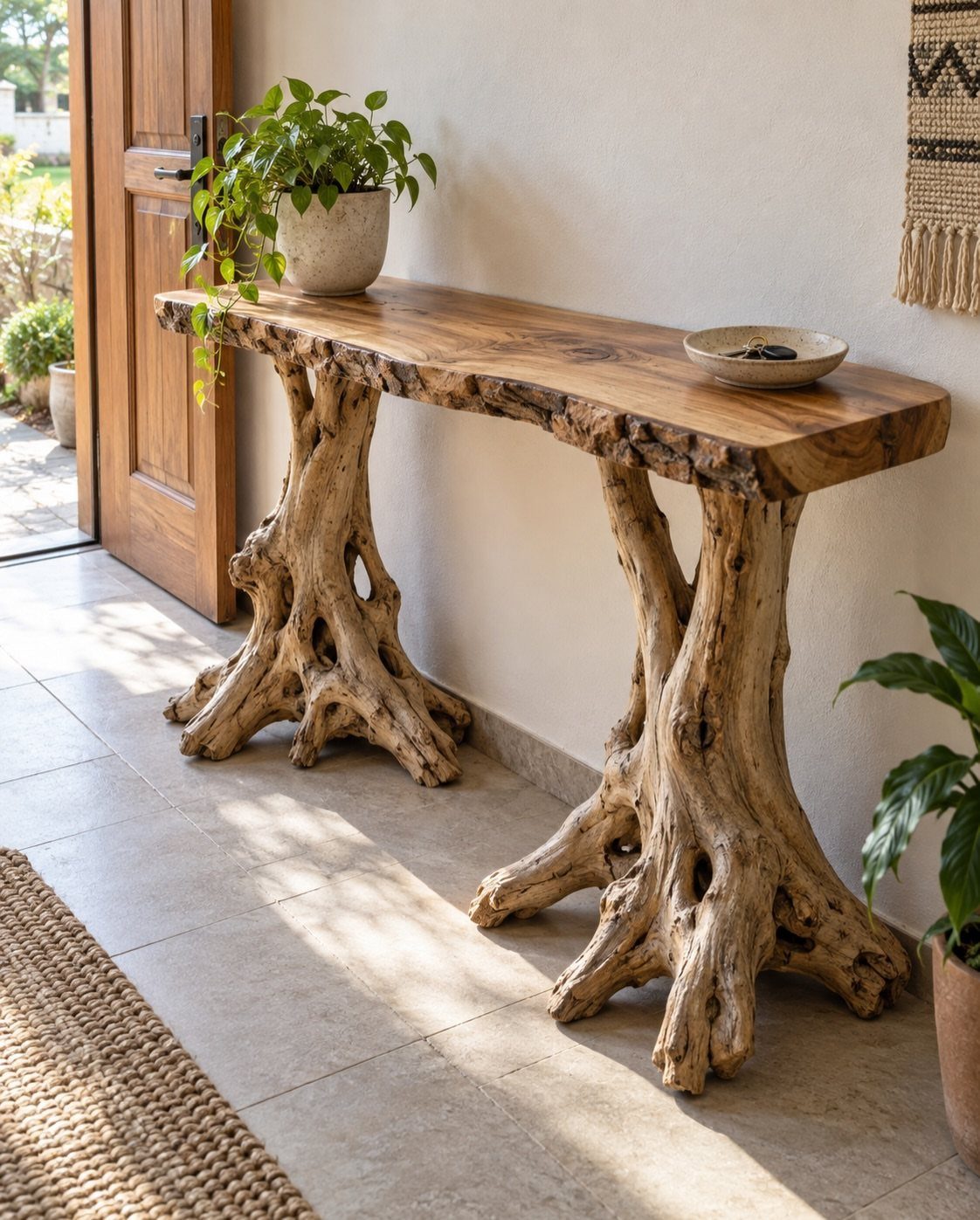 Natural wood console table with organic root legs and a live edge top.