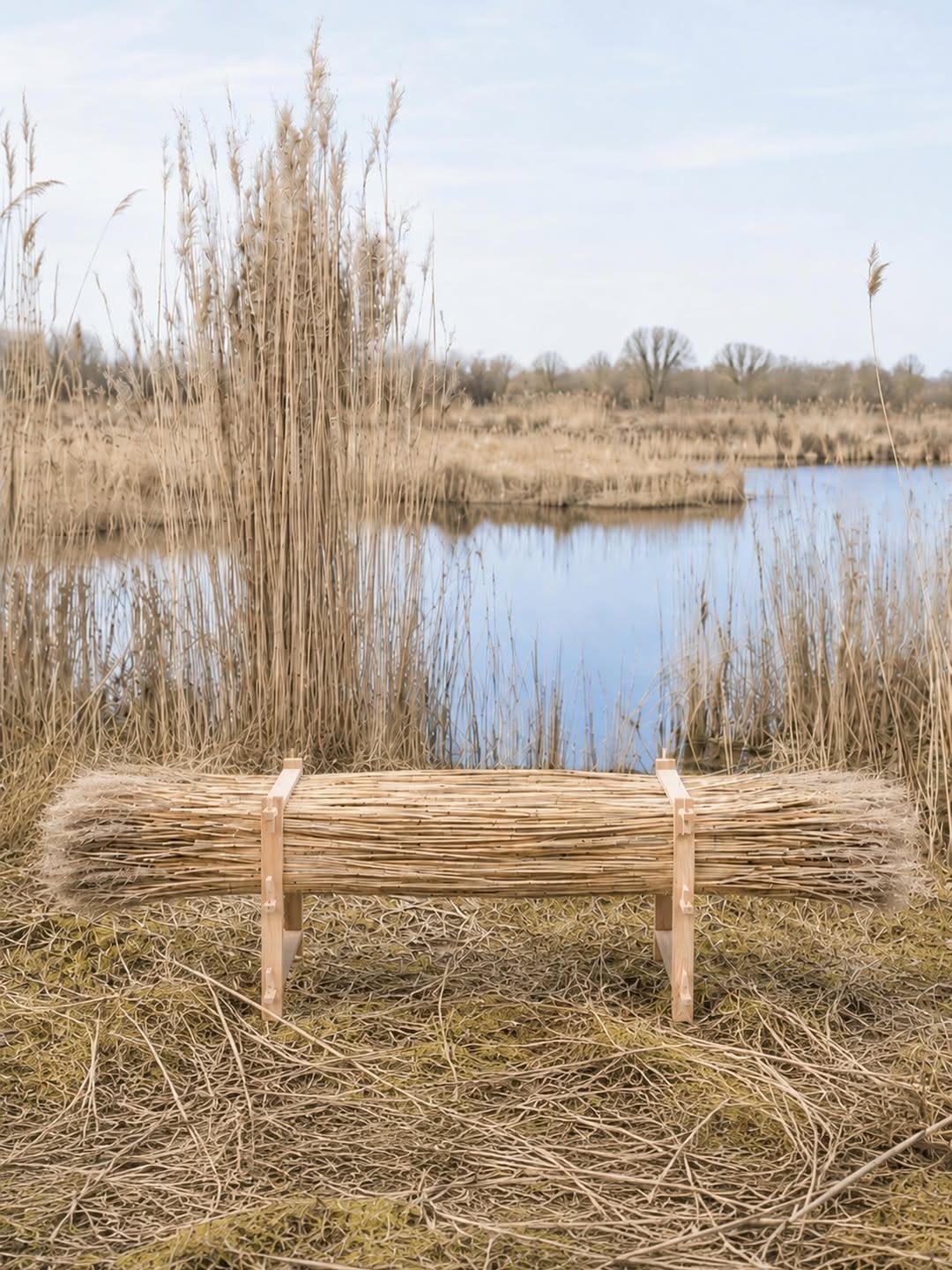 Wooden reed bench in a natural landscape with tall grass and water.
