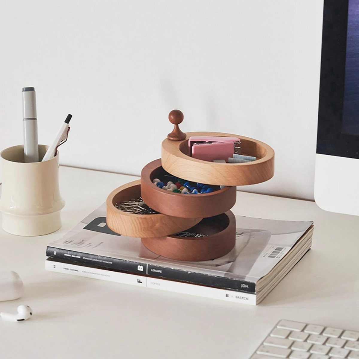 Cherry Wood Projects: 9 Ideas for Bowls, Boxes and More 7 Tiered wooden desk organizer holding office supplies on a white modern workspace.