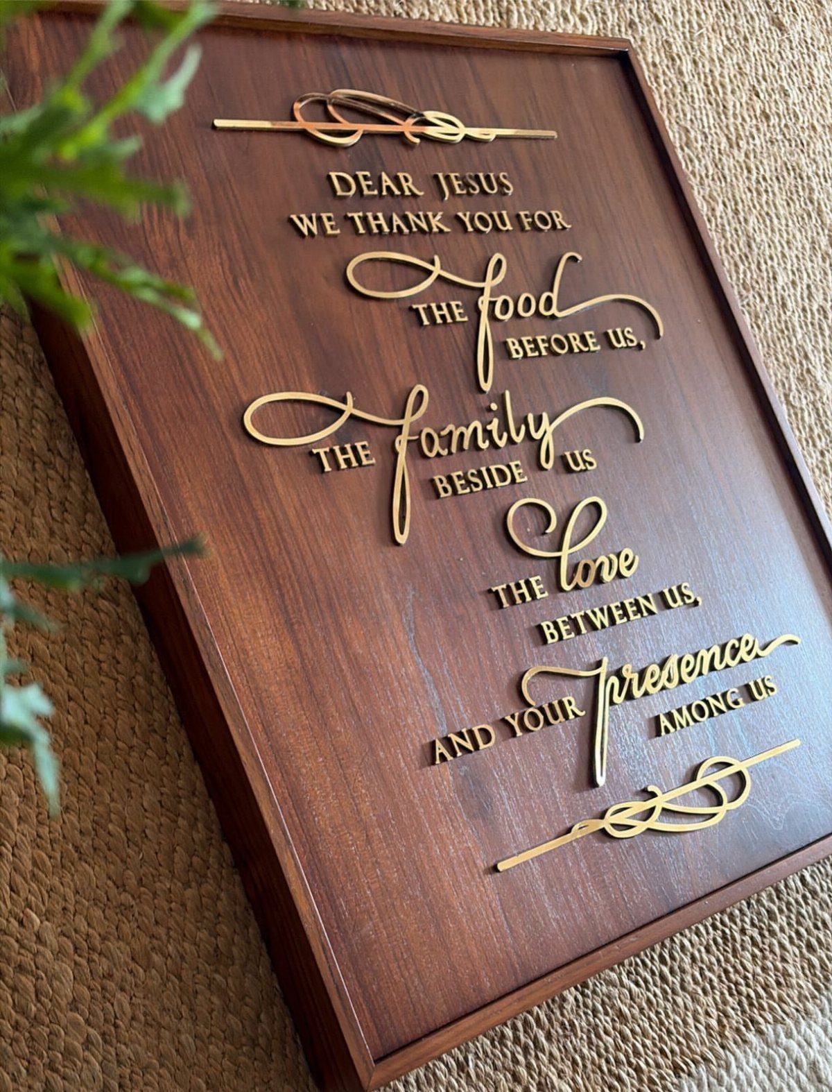 Christian Woodworking Projects: 9 Ideas for Home and Gifts 4 Wooden prayer plaque with carved text thanking Jesus for food, family, love, and presence.
