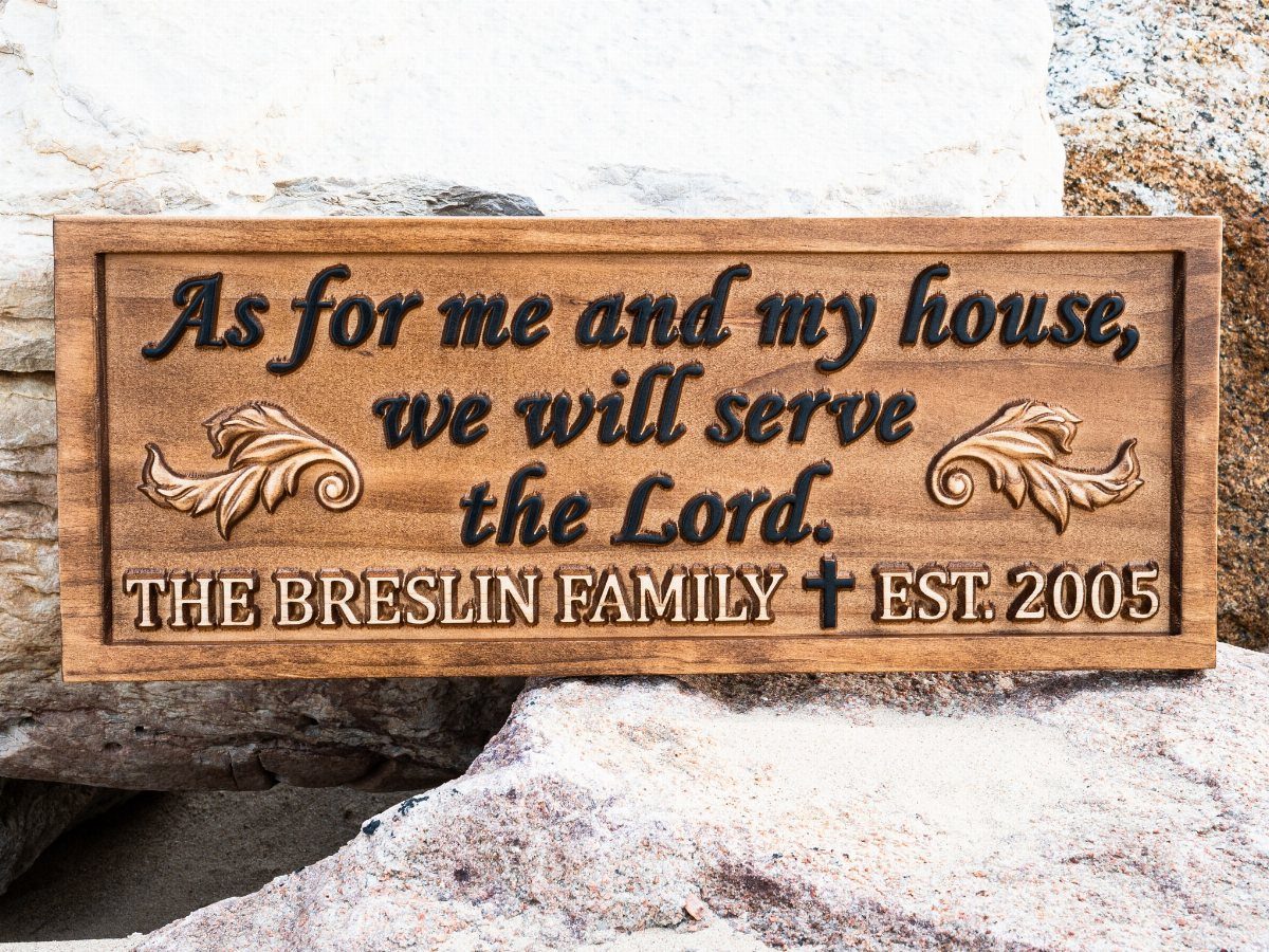 Christian Woodworking Projects: 9 Ideas for Home and Gifts 2 Wooden family sign with biblical verse and family name resting on light rocks