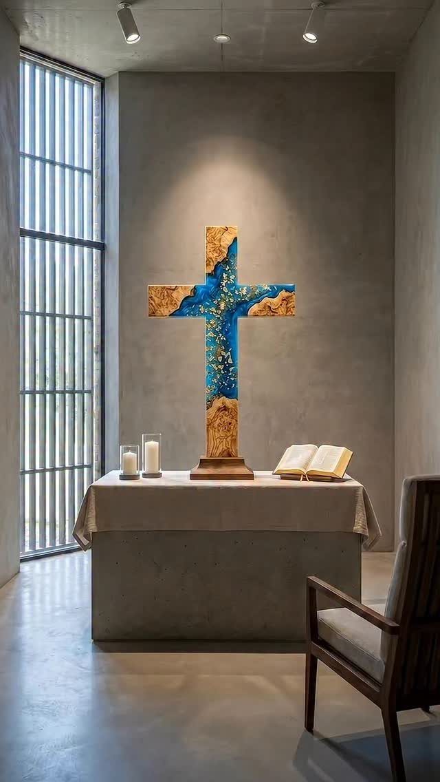 Christian Woodworking Projects: 9 Ideas for Home and Gifts 7 Wooden cross with blue resin inlay on a table with an open book.