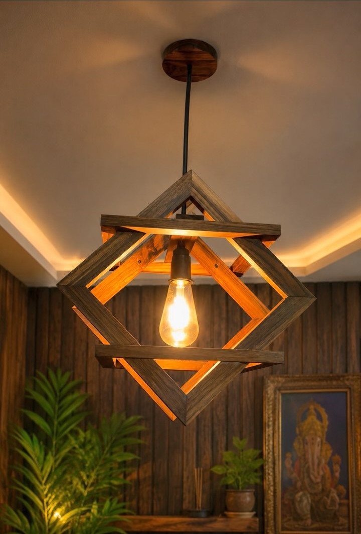 Creative Wood Designs: 8 Ideas for Furniture and Decor 7 Geometric wooden pendant light with a glowing bulb hanging in a room.