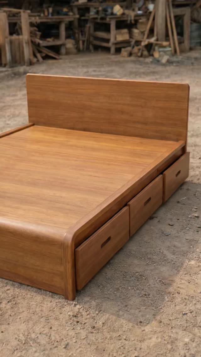 Wooden bed frame with integrated storage drawers and a headboard in a workshop setting
