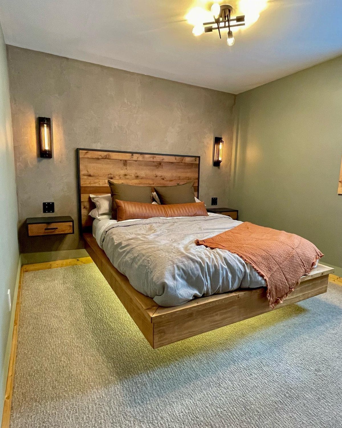 Wooden platform bed frame with headboard and under-bed lighting in a modern bedroom.