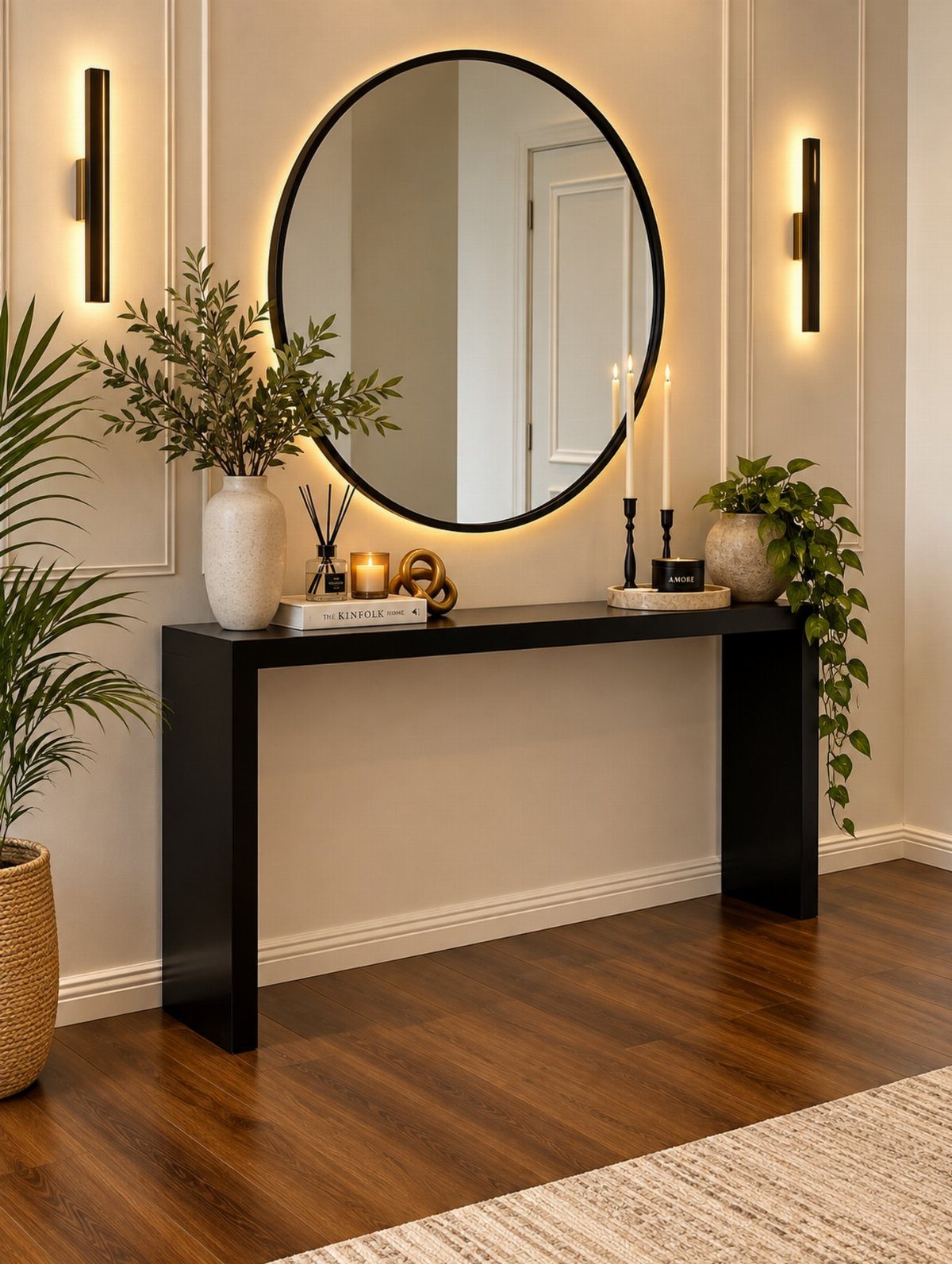 DIY Entryway Table Ideas and Plans: 4 Simple Builds 3 Black console table with a round backlit mirror and gold wall sconces.