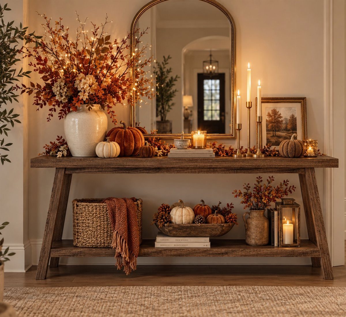 DIY Entryway Table Ideas and Plans: 4 Simple Builds 1 Rustic wood entry table decorated with autumn pumpkins and candles beneath an arched mirror.