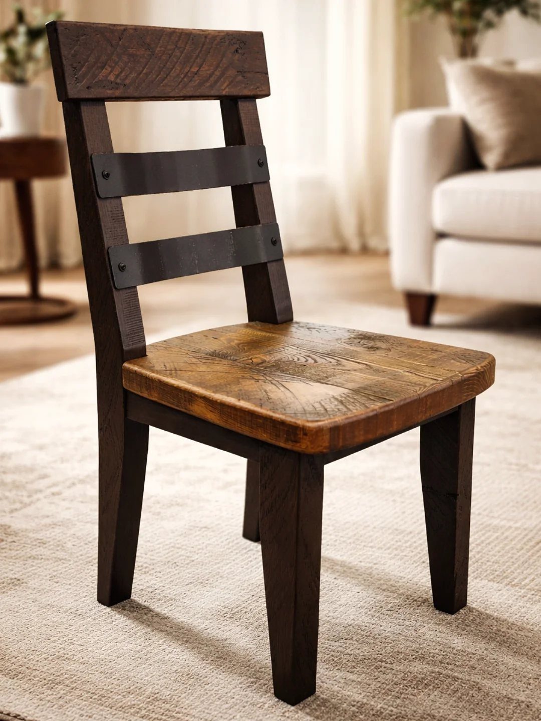DIY Kitchen Chairs: 6 Ideas for Wood and Upholstery 2 Rustic wooden chair with metal back accents on a light neutral rug
