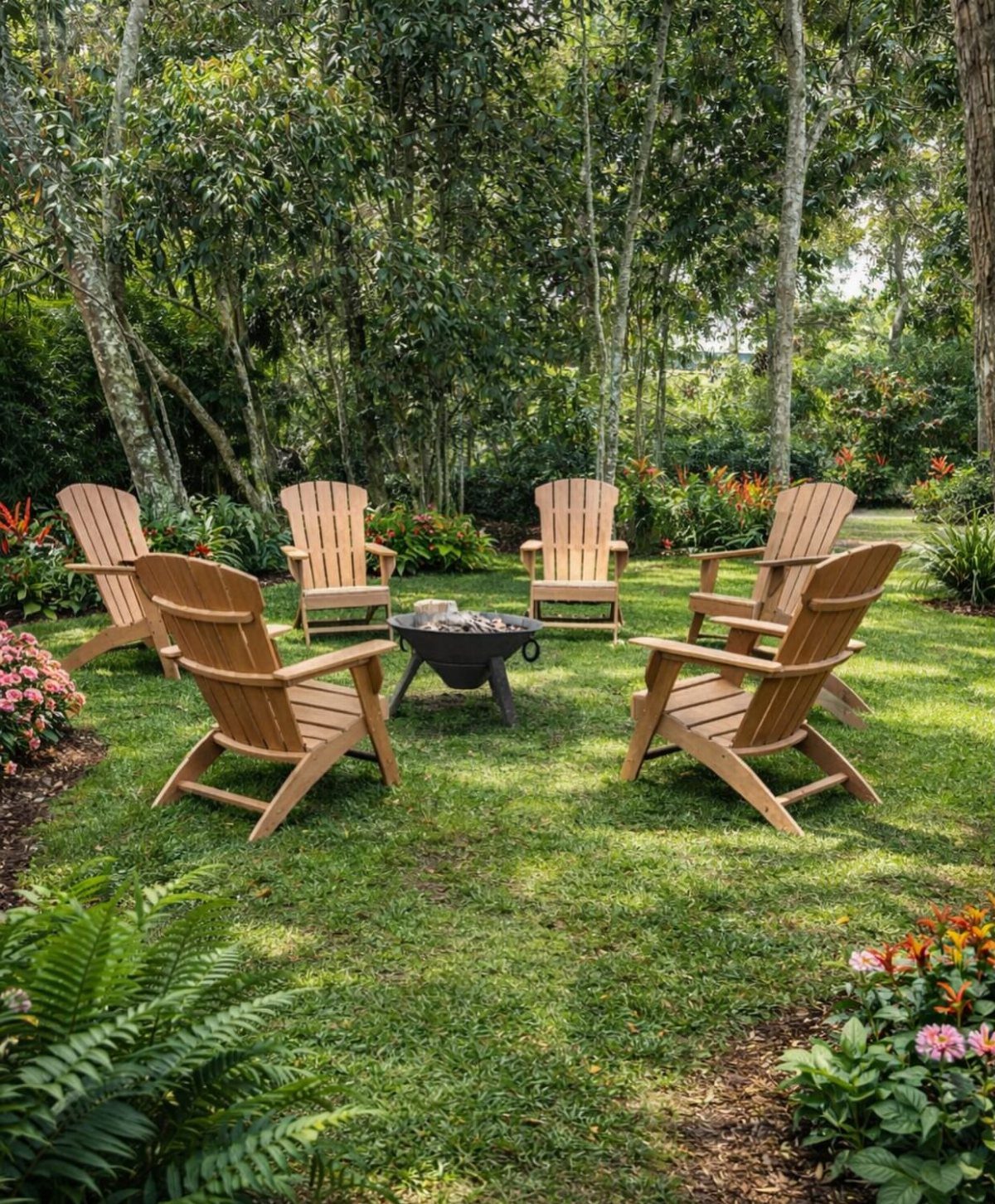 10 DIY Outdoor Chair Ideas for Patios, Porches and Decks 1 Wooden Adirondack chairs circling a black fire pit in a lush green garden.
