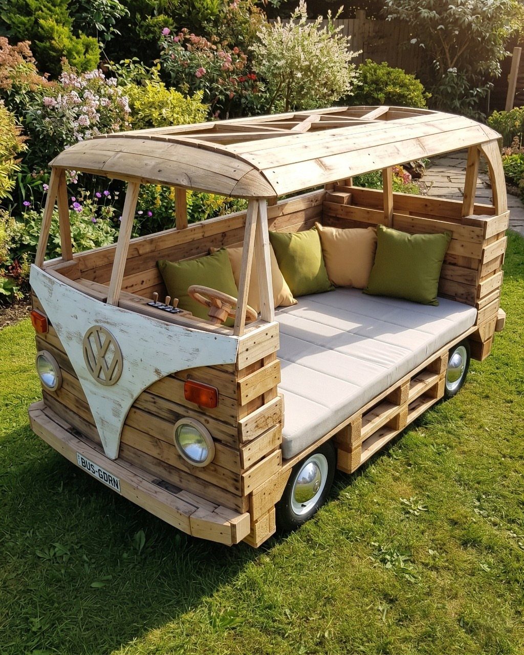 10 DIY Outdoor Chair Ideas for Patios, Porches and Decks 9 Wooden pallet outdoor lounge chair shaped like a vintage Volkswagen bus on a lawn.