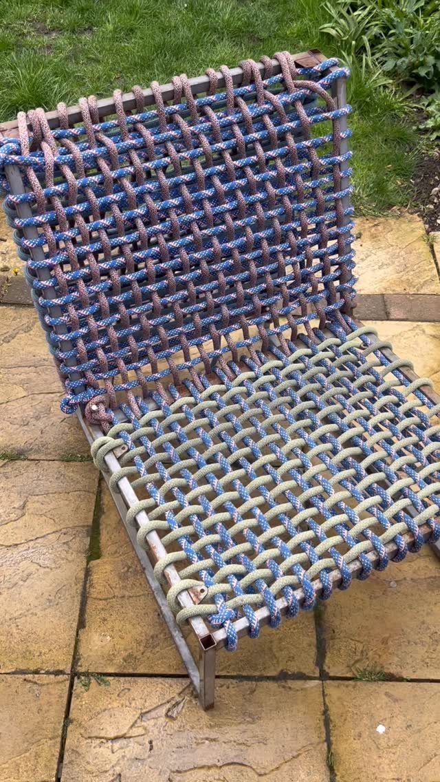 10 DIY Outdoor Chair Ideas for Patios, Porches and Decks 5 Woven blue and white rope outdoor chair on a stone patio.