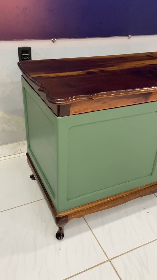 How to Build a DIY Treasure Chest With Wood: 12 Ideas 11 Wooden treasure chest with a dark brown lid and sage green body.