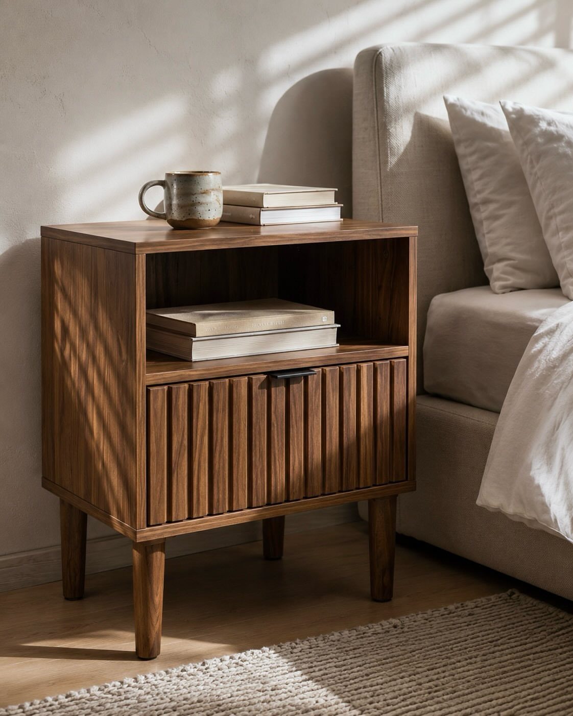Wooden nightstand with fluted door and open shelf next to a beige bed