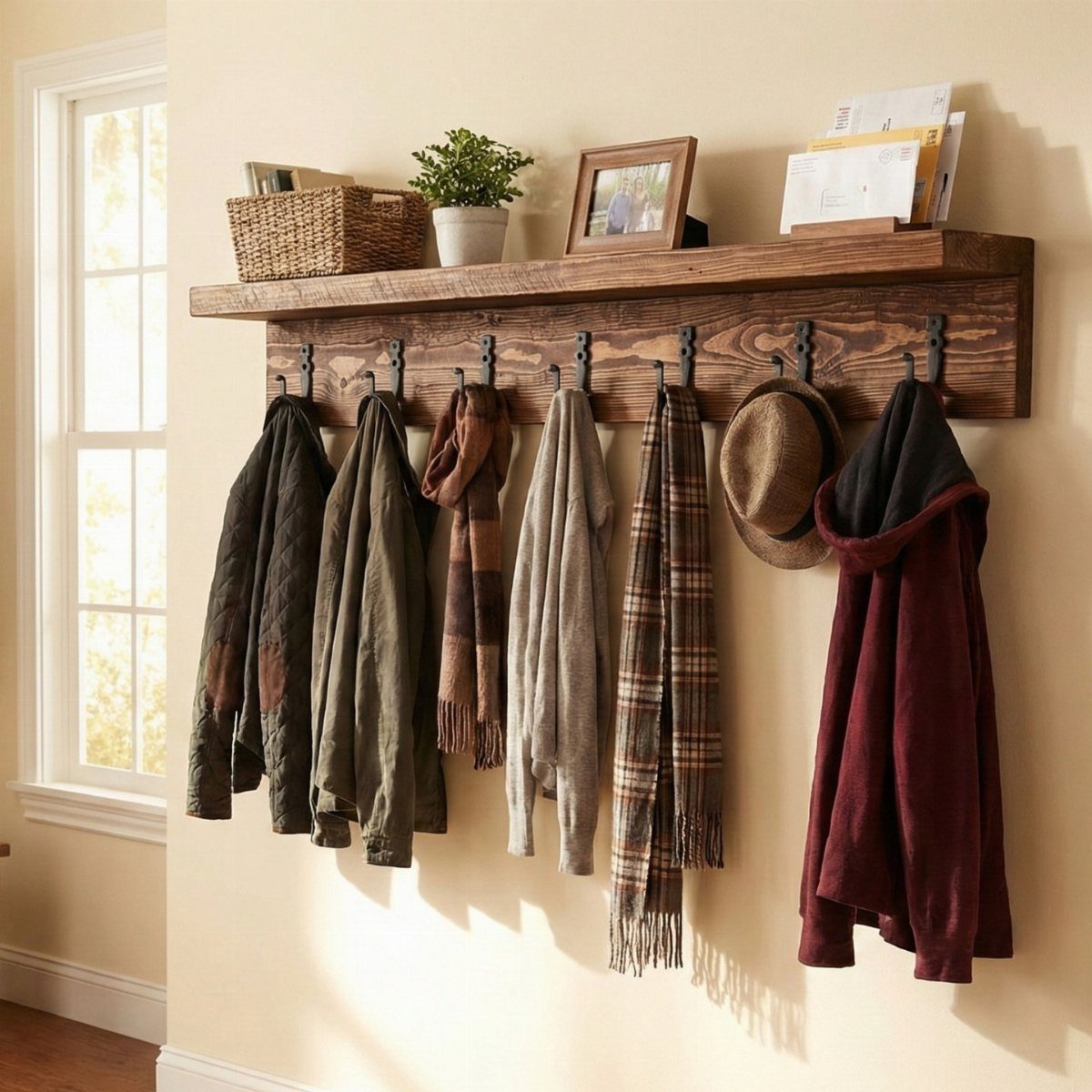Wooden coat rack with a shelf holding coats, scarves, and a hat on a wall.