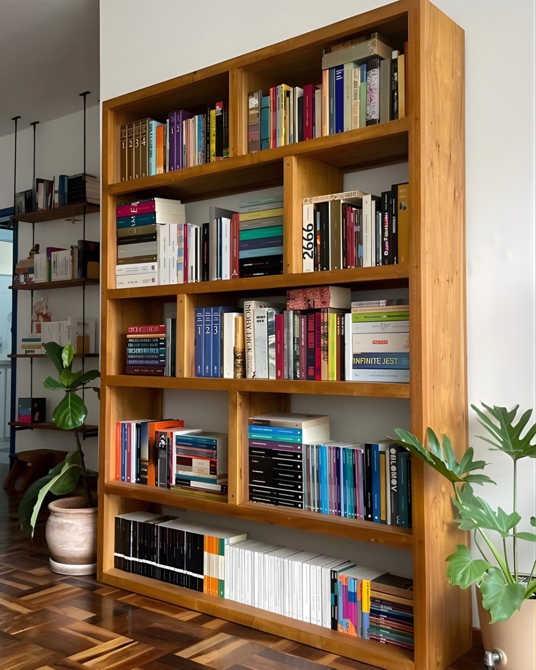 Light-brown wooden bookshelf filled with colorful books standing on a parquet floor.