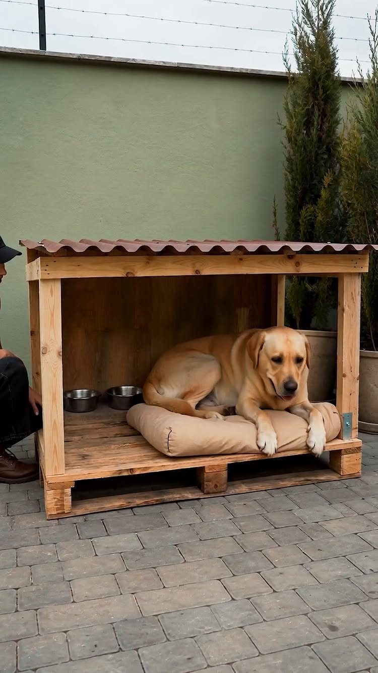 16 DIY Wooden Projects for Home, Garden, and Holiday Decor 14 Yellow Labrador retriever resting inside a wooden dog house on a stone patio.
