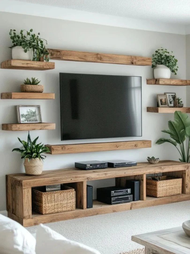 16 DIY Wooden Projects for Home, Garden, and Holiday Decor 12 Rustic wooden TV stand with open shelving and matching floating wall shelves.
