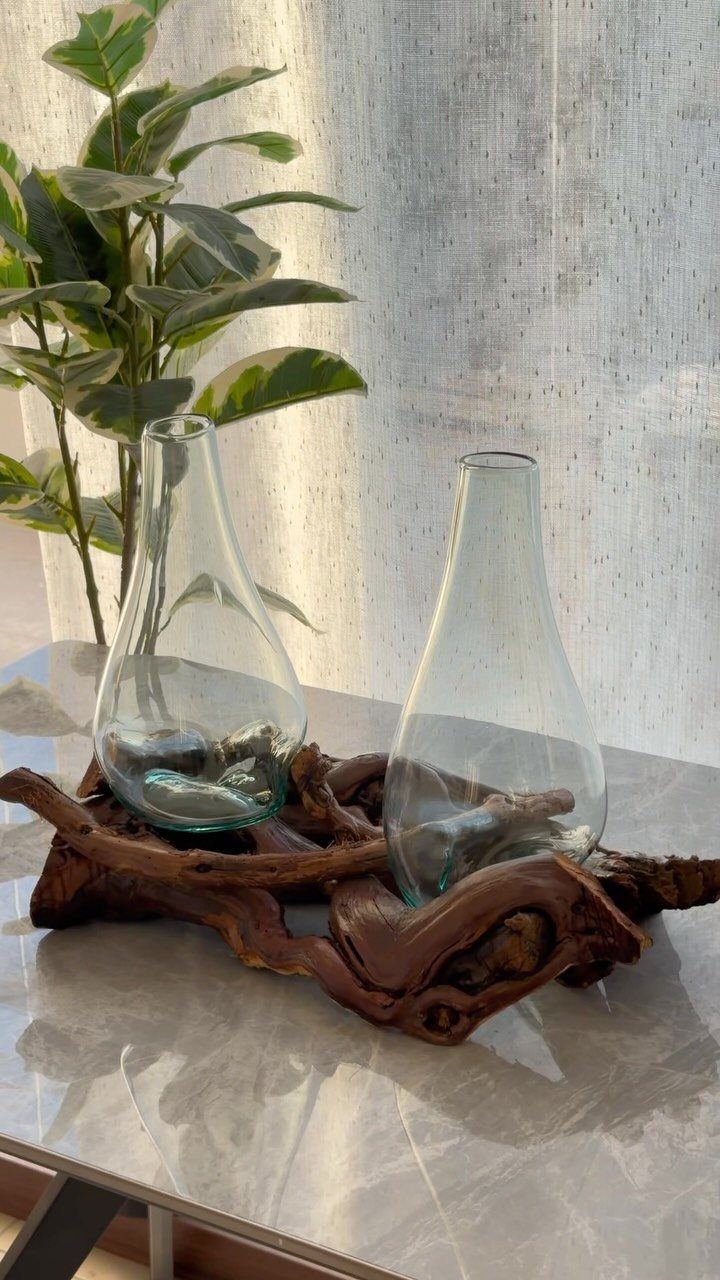 Two glass vases resting on a piece of twisted brown driftwood centerpiece.