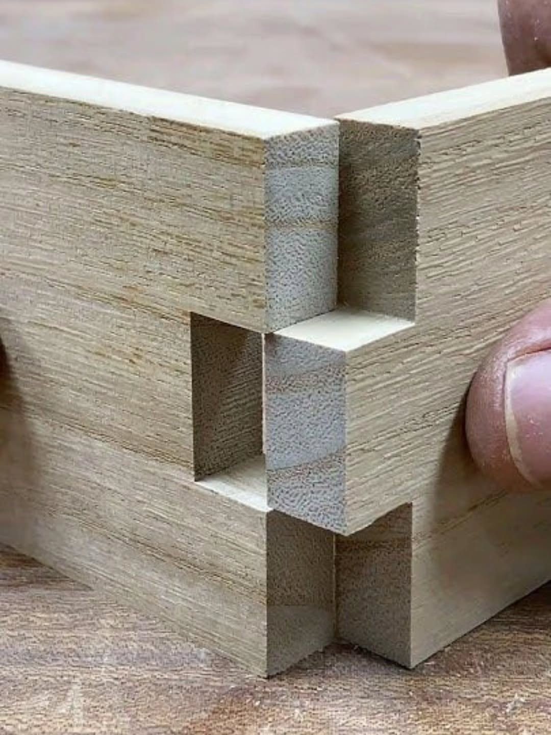Finger Joints Woodworking: 4 Ideas for Strong Corners 3 Interlocking wooden finger joints connecting two light-colored boards in a close-up view.