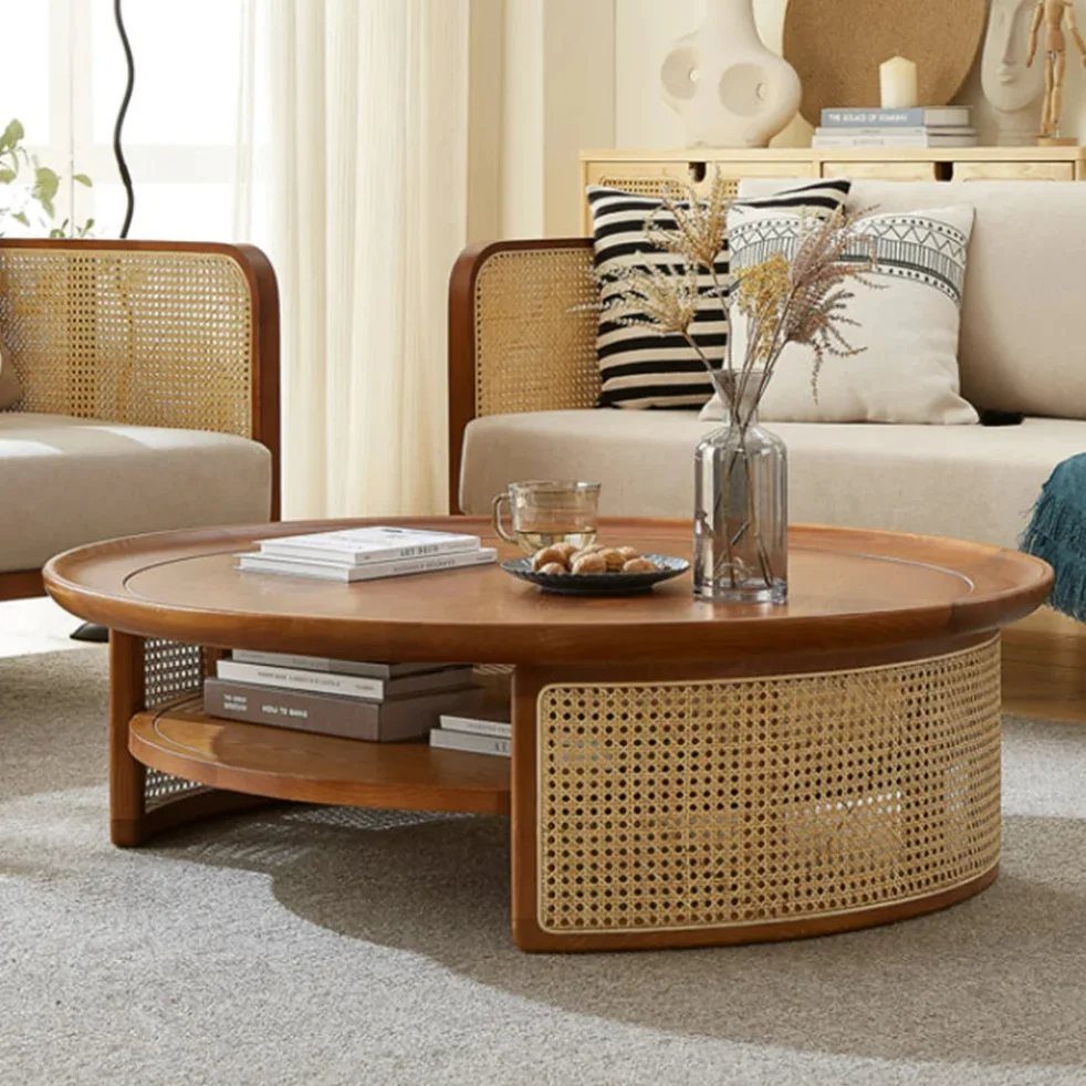 Furniture Design with Wooden Details: 9 Ideas for Home 6 Round wooden coffee table with cane webbing in a modern living room setting