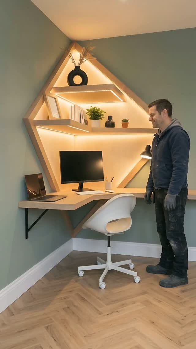 Furniture Design with Wooden Details: 9 Ideas for Home 8 Modern light wooden corner desk with integrated shelves and warm LED lighting.