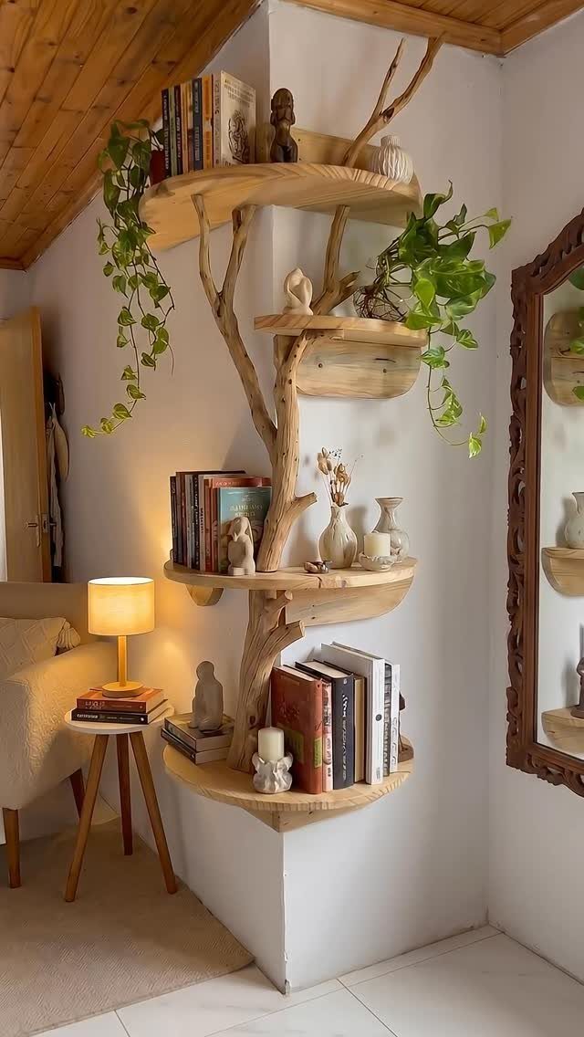 Furniture Design with Wooden Details: 9 Ideas for Home 5 Wooden shelving unit made from a natural tree branch holding books and plants.
