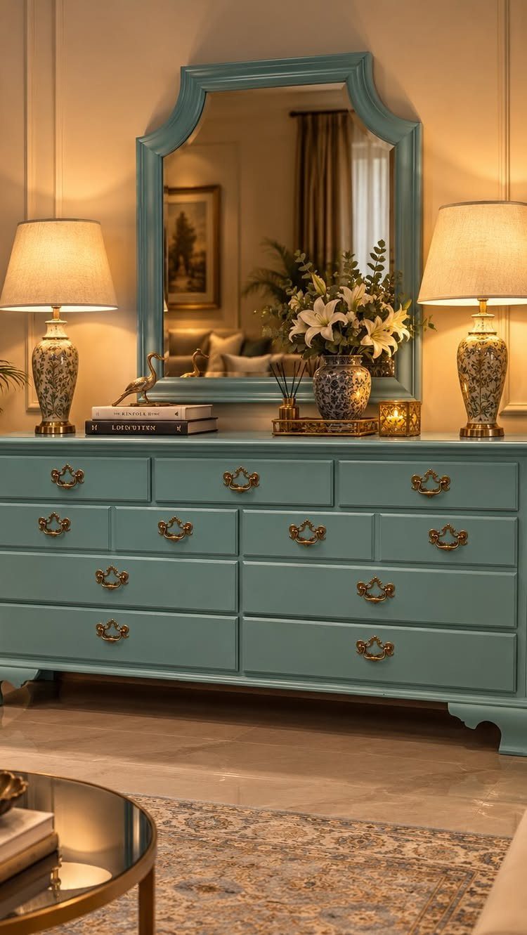 Light blue painted dresser and matching mirror with gold hardware and floral arrangements.