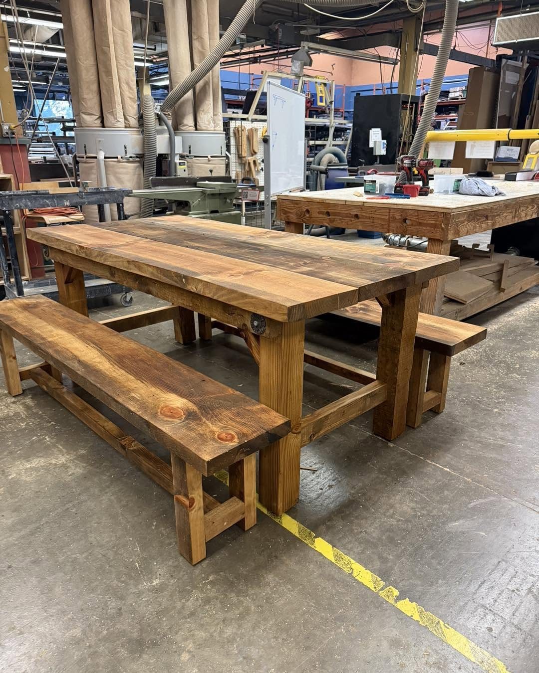 Furniture Plans Free for 16 Tables, Beds and Benches 9 Rustic wooden dining table with two matching long farmhouse benches in a workshop