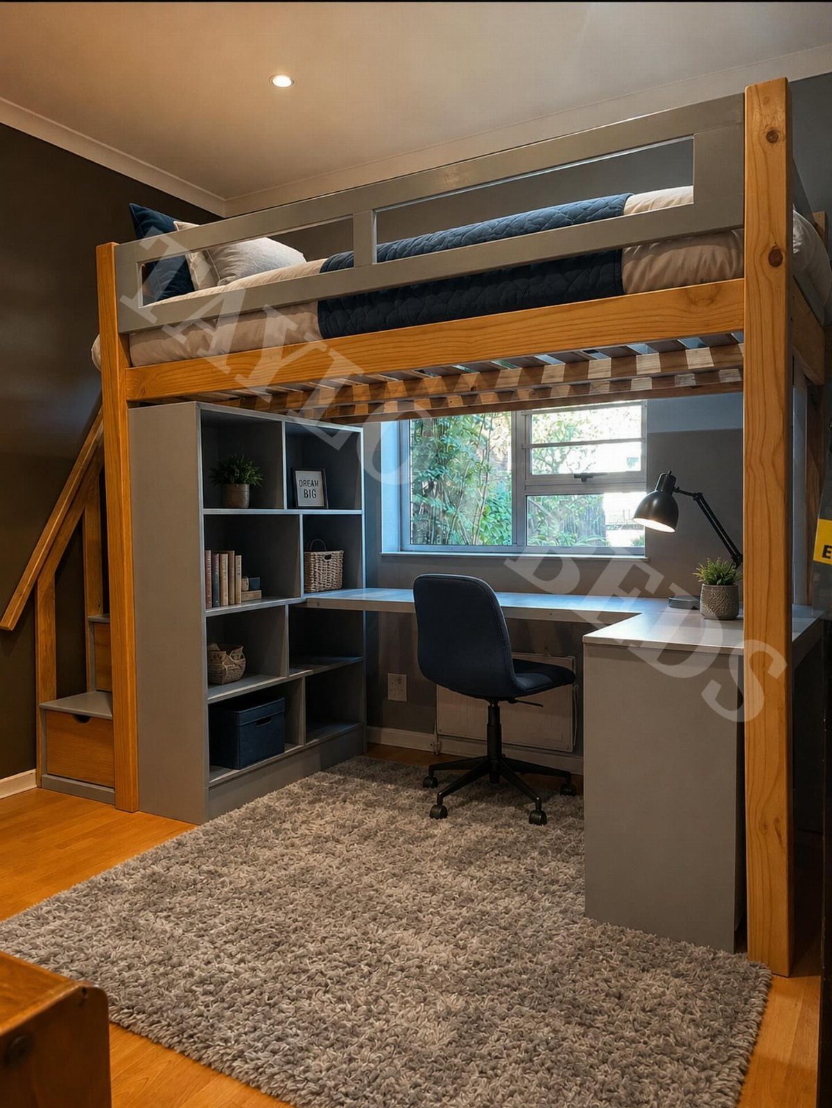 Furniture Plans Free for 16 Tables, Beds and Benches 14 Loft bed with integrated desk and shelving unit in a modern bedroom setting.