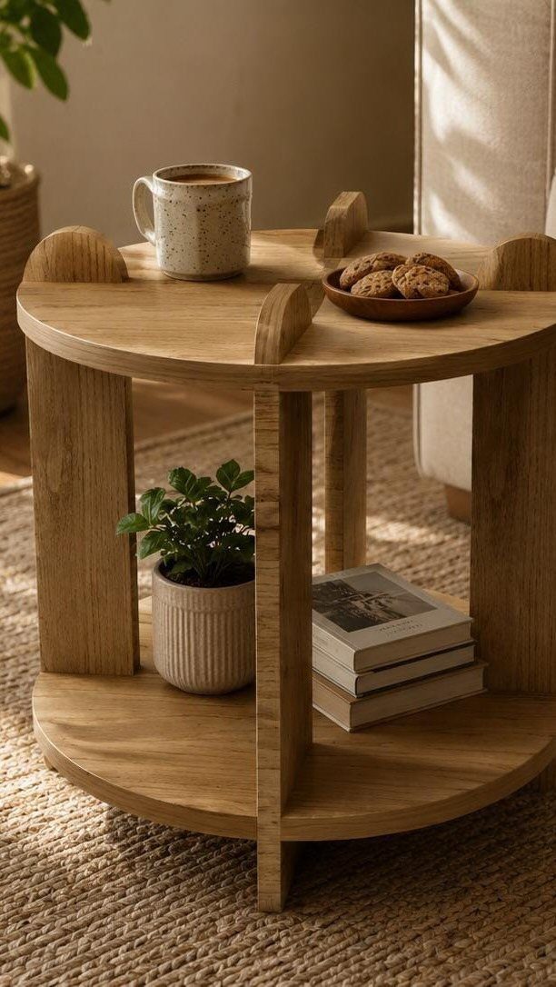 Furniture Plans Free for 16 Tables, Beds and Benches 16 Round two-tier light wood coffee table with cookies, coffee, and a small plant.