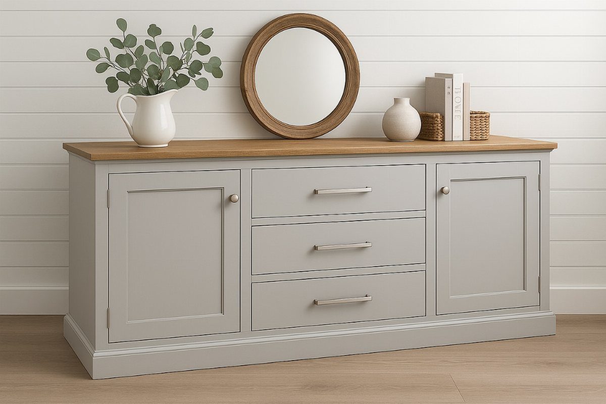 Furniture Plans Free for 16 Tables, Beds and Benches 8 Grey farmhouse buffet with wooden top, drawers, and cabinets against a white wall.