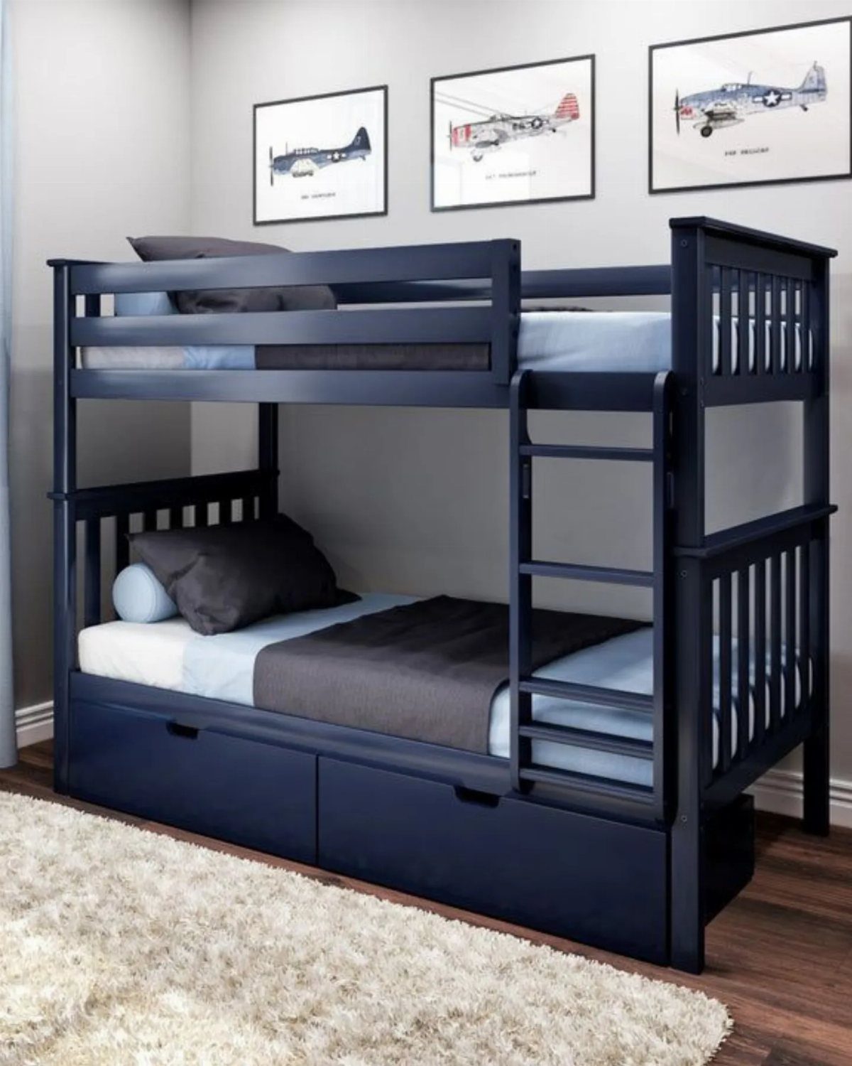 Furniture Plans Free for 16 Tables, Beds and Benches 13 Dark blue wooden bunk bed with storage drawers in a grey bedroom