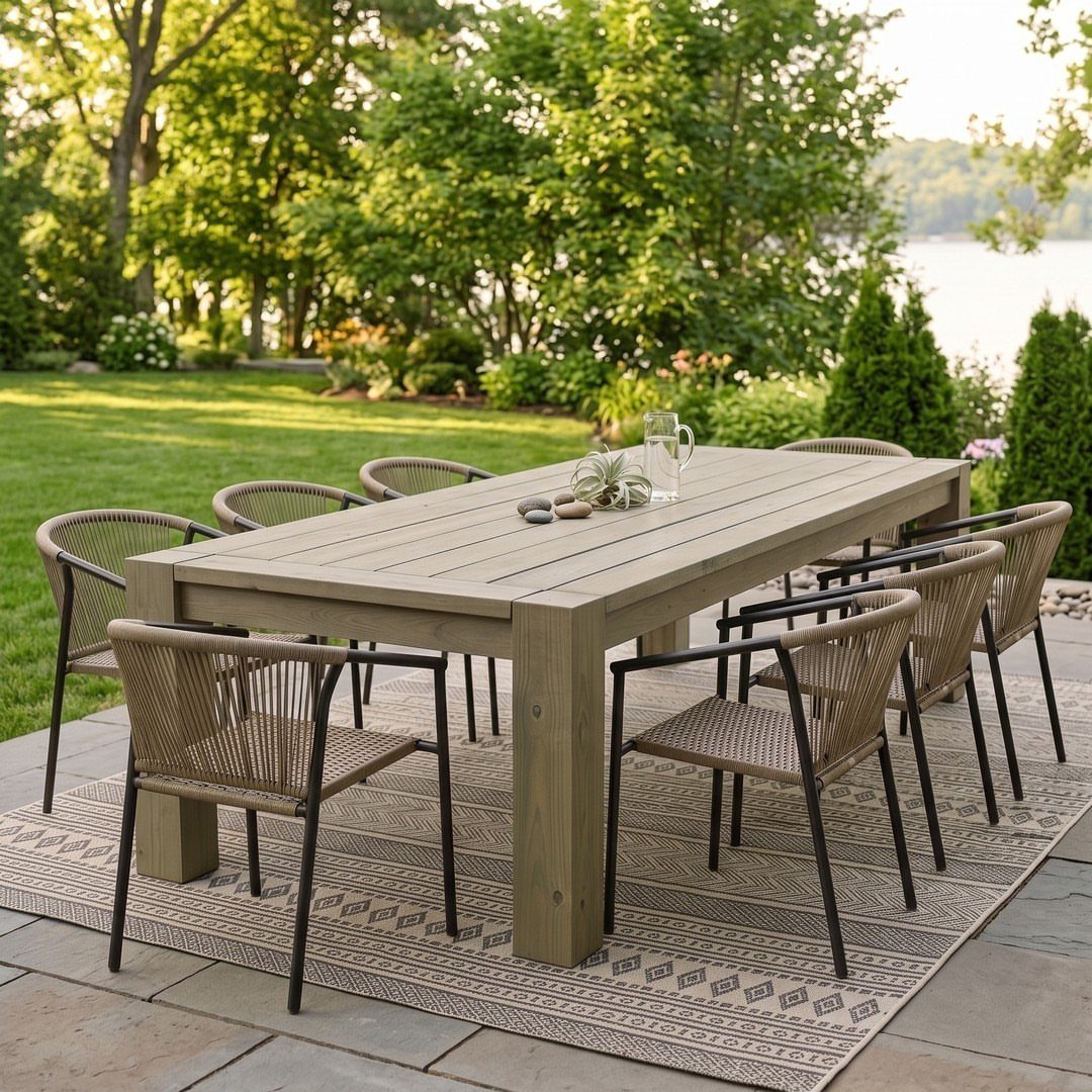 Furniture Plans Free for 16 Tables, Beds and Benches 12 Wooden outdoor dining table with woven chairs on a patio overlooking a lake