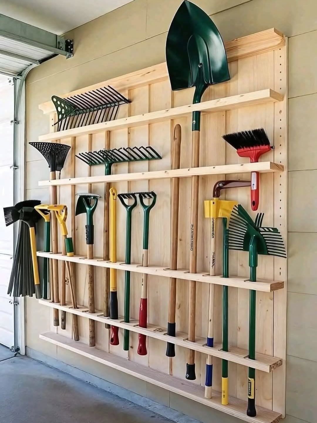 Wooden wall-mounted organizer holding various garden rakes, shovels, and hoes in a garage.