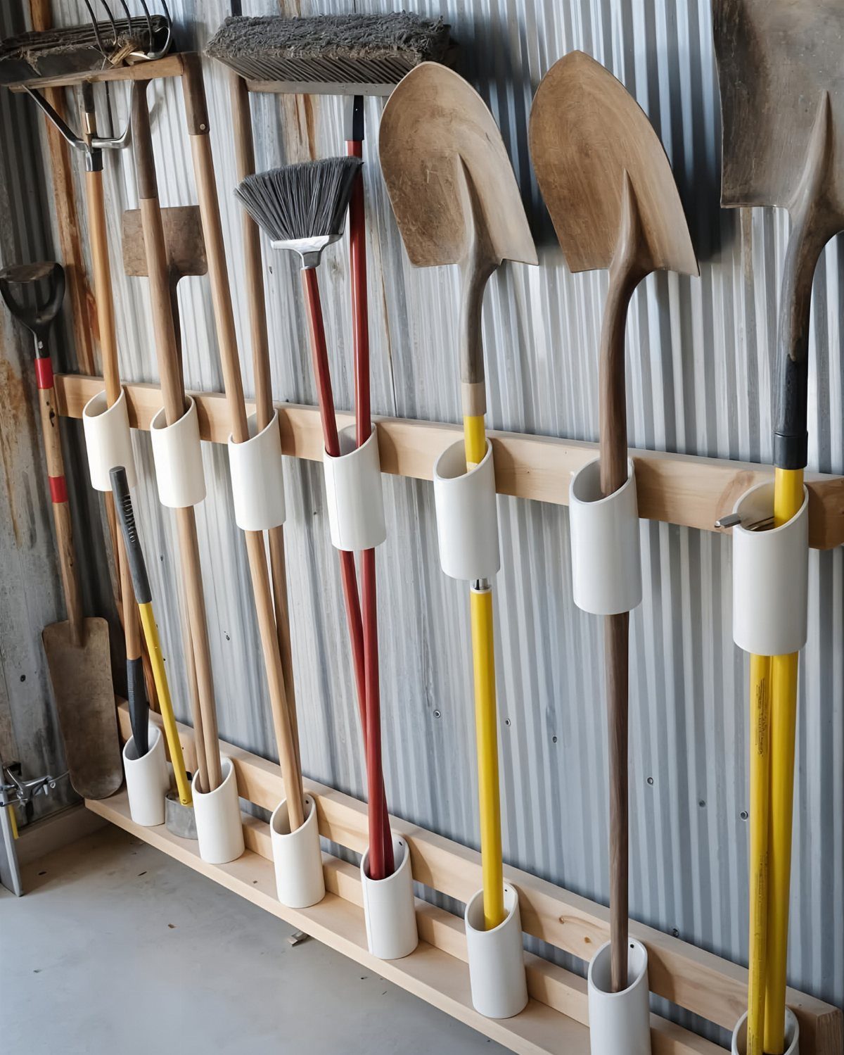 Long-handled garden tools stored in white PVC pipe holders on wooden wall rails.