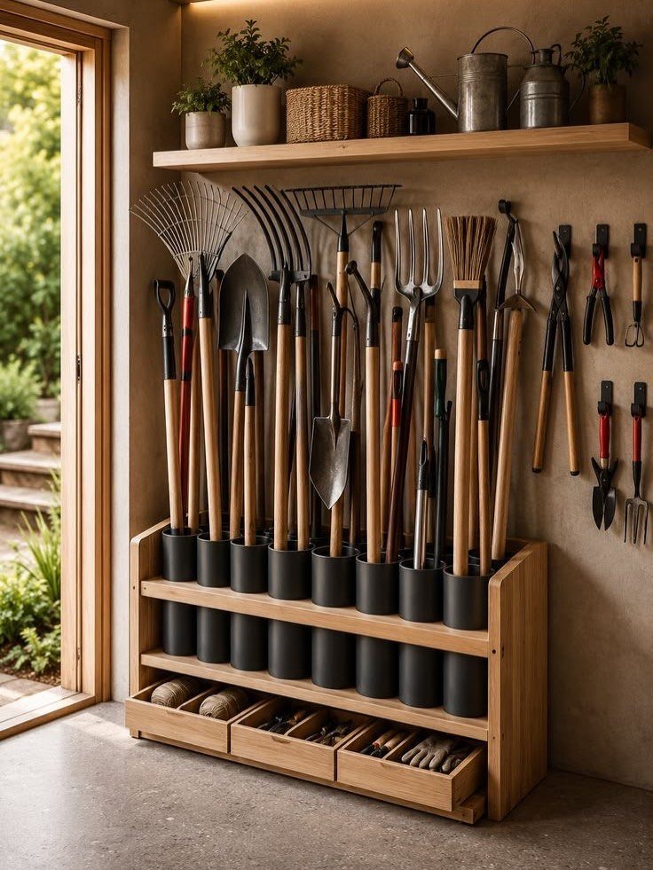 18 Garage Woodshop Ideas for Storage, Power, and Layout 6 Wooden garden tool storage rack with shovels and rakes in black holders.