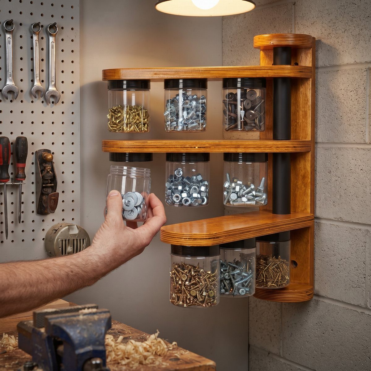 18 Garage Woodshop Ideas for Storage, Power, and Layout 5 Clear plastic jars filled with screws and bolts on a wooden wall shelf.