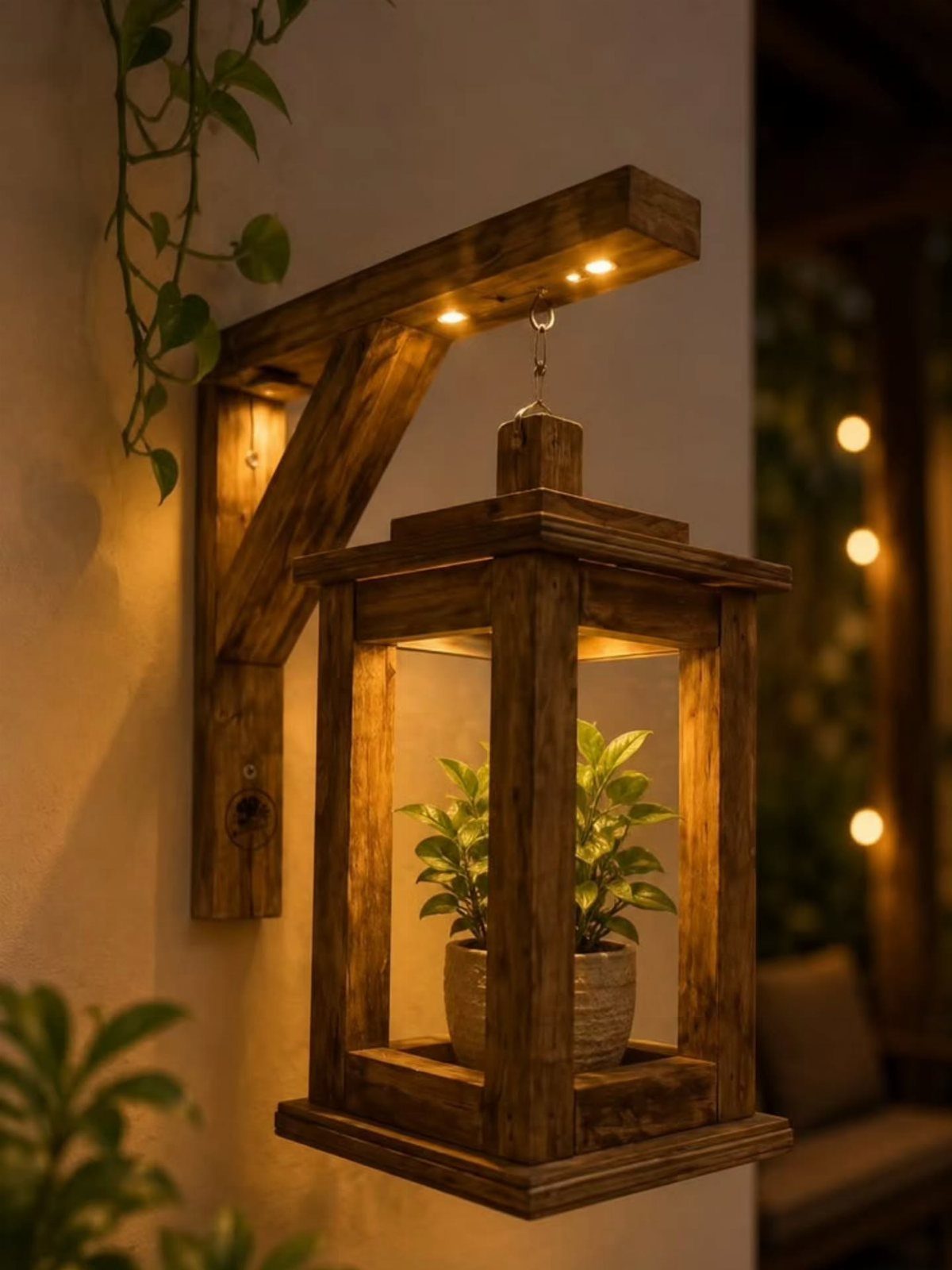 Wooden lantern stand mounted on a wall holding a small potted plant