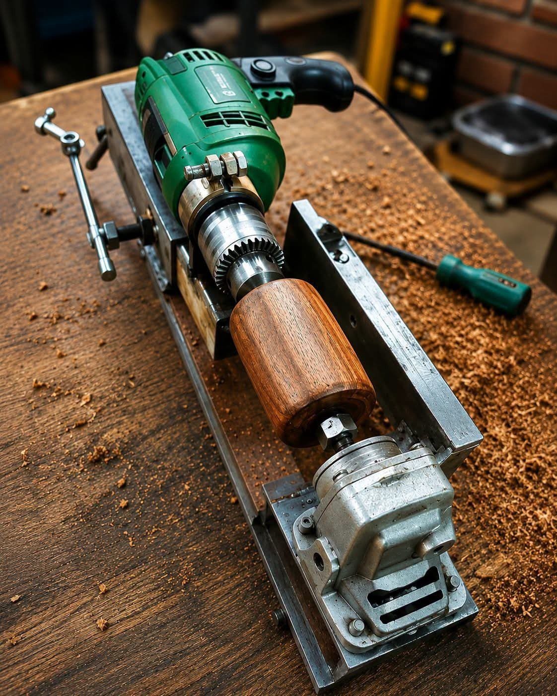 7 Homemade Tools for Woodworking You Can Build 1 Homemade benchtop lathe with a green drill turning a piece of brown wood.