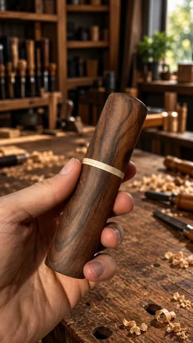 7 Homemade Tools for Woodworking You Can Build 6 Hand holding a handcrafted wooden tool handle in a woodworking shop.
