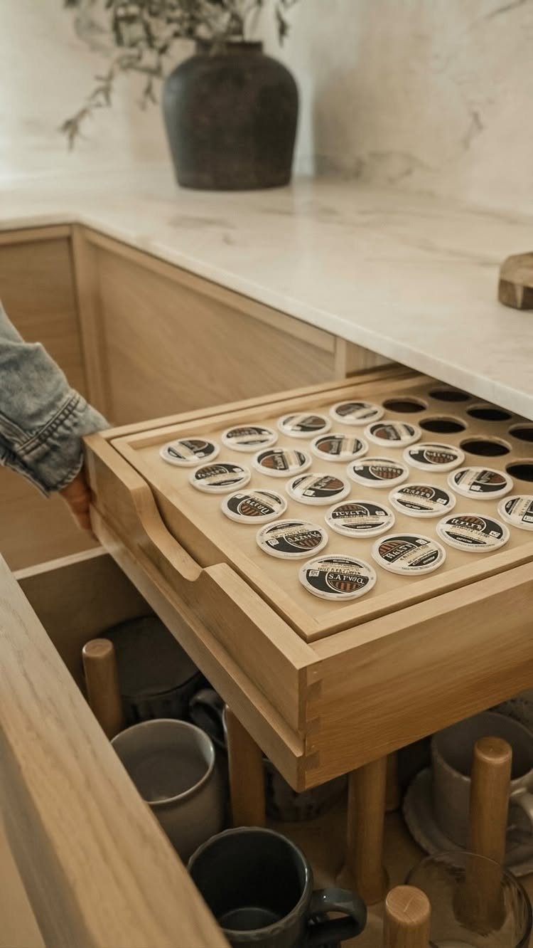 18 Kitchen Woodworking Projects for Storage and Gifts 7 Wooden drawer organizer with circular cutouts holding coffee pods in a light kitchen.