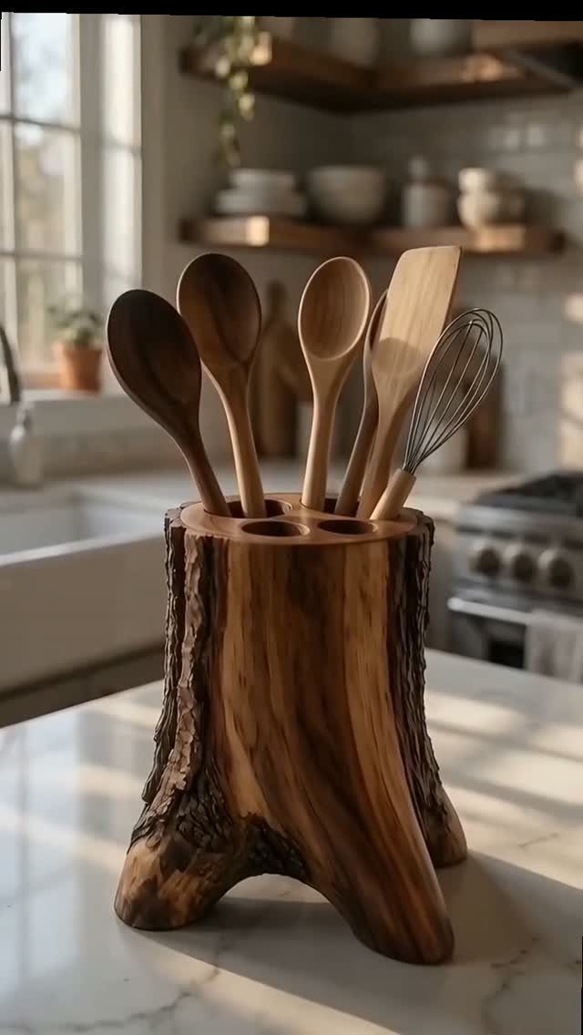 18 Kitchen Woodworking Projects for Storage and Gifts 16 Rustic wooden log utensil holder with spoons and whisk on a marble countertop