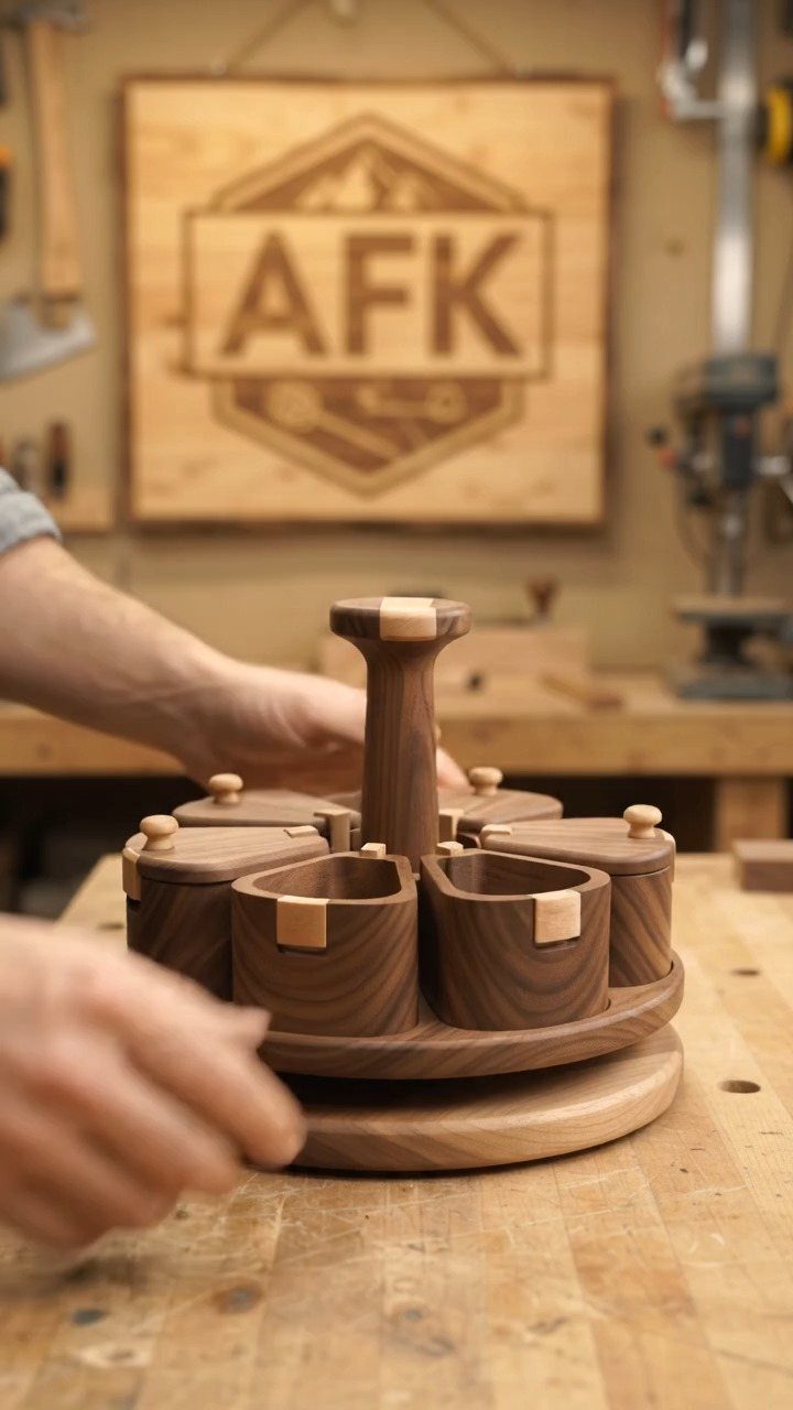 18 Kitchen Woodworking Projects for Storage and Gifts 4 Handcrafted wooden rotating spice rack with multiple containers on a woodworking workbench.
