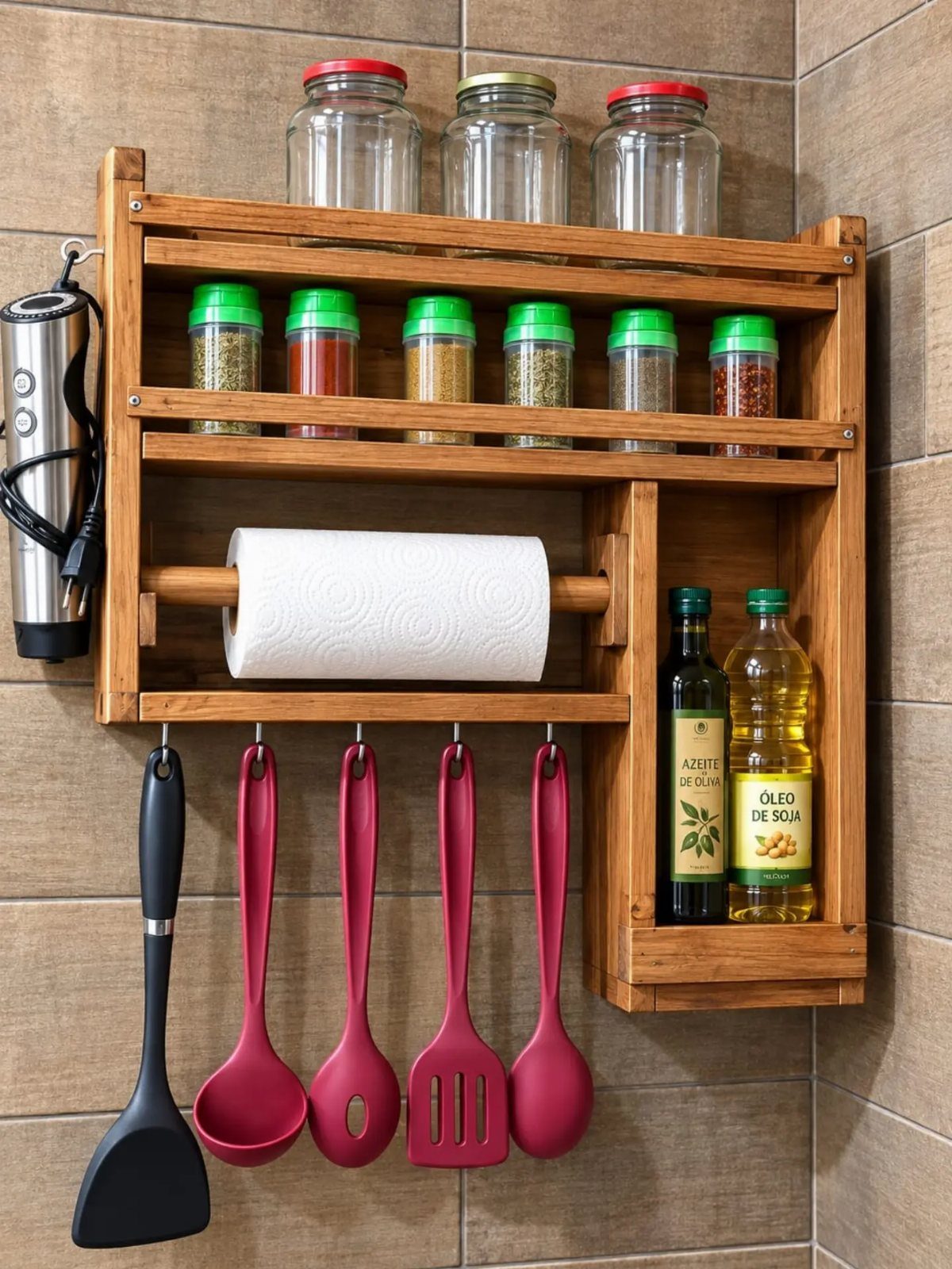 18 Kitchen Woodworking Projects for Storage and Gifts 10 Wooden wall-mounted kitchen organizer holding spices, paper towels, and hanging red silicone utensils.
