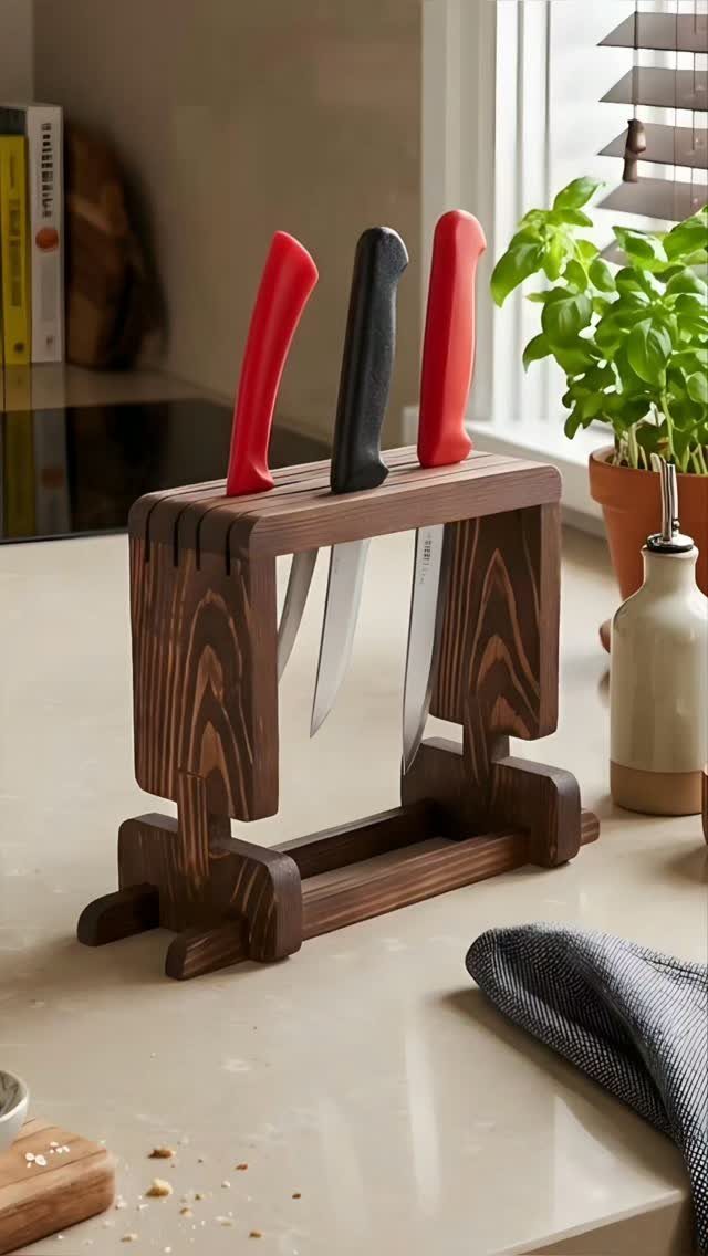 18 Kitchen Woodworking Projects for Storage and Gifts 14 Wooden knife block holding three knives on a light kitchen countertop