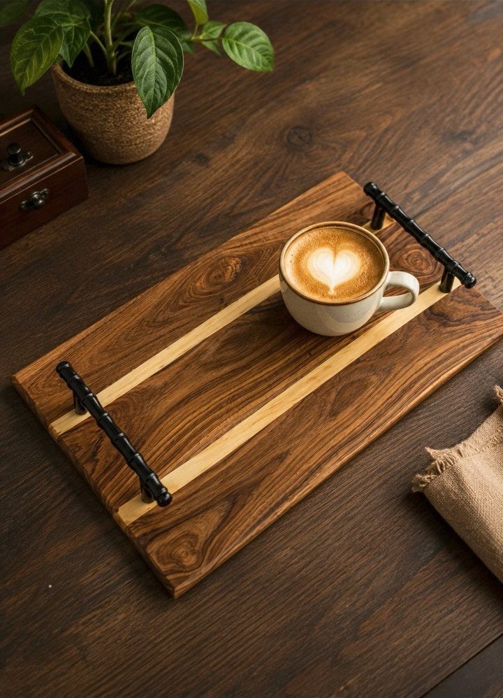 18 Kitchen Woodworking Projects for Storage and Gifts 2 Wooden serving tray with black handles and a cup of latte art.