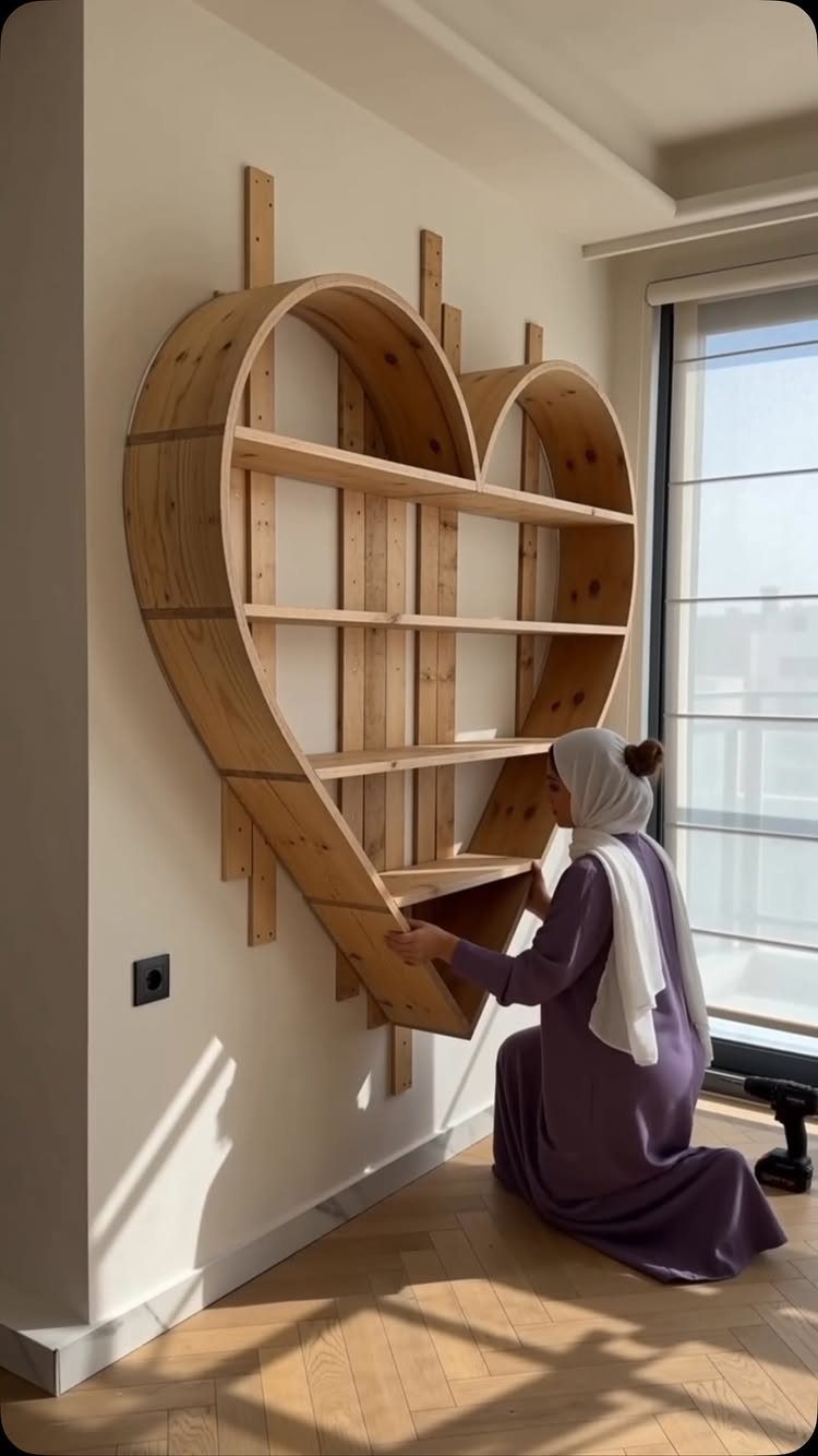 Heart-shaped wooden wall shelf with a woman kneeling beside it in a bright room.
