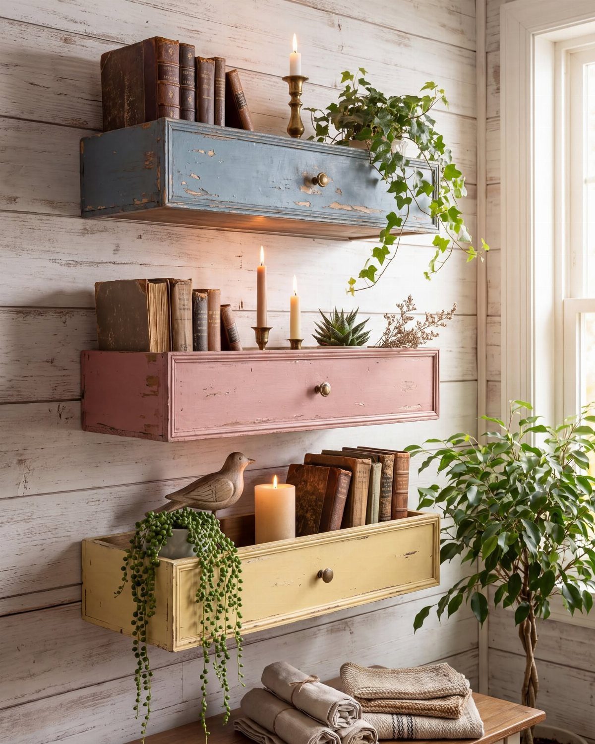 Colorful repurposed wooden drawers used as wall shelves with books and plants.